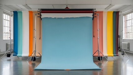 A professional photography studio with a blue backdrop and colorful walls, featuring a sleek floor and studio lighting, captured from a straight-on viewpoint.