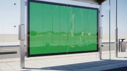 A large green screen is displayed on a modern outdoor advertisement board with sleek metal frames on a sunny day.