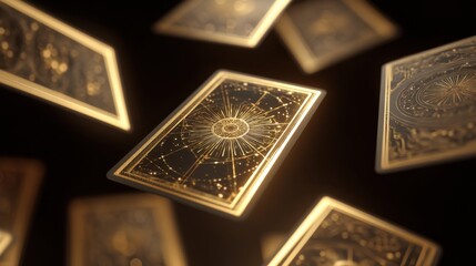Enchanted Tarot Cards Spinning in a Magical Glow with Framed Designs and Mystical Elements