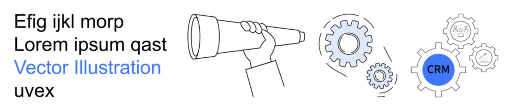 Business strategy, customer management, workflow automation, corporate planning, team collaboration, problem-solving. Hand holding a telescope and gears with a CRM element. Business strategy