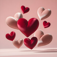 Soft plush hearts floating in the air on a pastel pink background