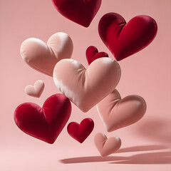 Soft plush hearts floating in the air on a pastel pink background