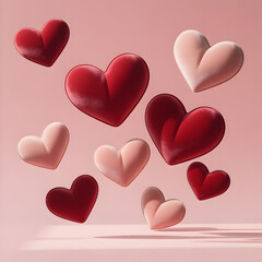 Soft plush hearts floating in the air on a pastel pink background