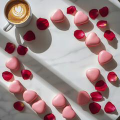 Heart-shaped arrangement of cookies and candies on the table.