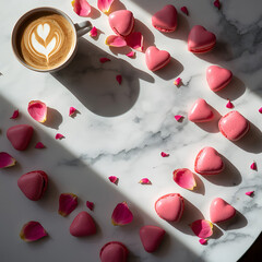 Heart-shaped arrangement of cookies and candies on the table.