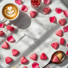 Heart-shaped arrangement of cookies and candies on the table.