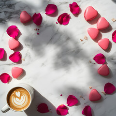 Heart-shaped arrangement of cookies and candies on the table.