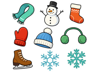 Fototapeta premium Winter clothing and cold weather accessories vector set - colorful icons of hat, scarf, snowman, ice skate, mittens, and earmuffs for seasonal holiday and outdoor activity design