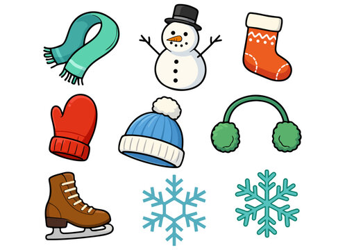 Winter clothing and cold weather accessories vector set - colorful icons of hat, scarf, snowman, ice skate, mittens, and earmuffs for seasonal holiday and outdoor activity design