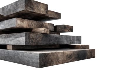 A textured stack of wooden planks with dramatic lighting rustic timber texture isolated on white background