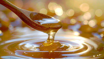 ASMR visual of honey swirling on wooden spoon
