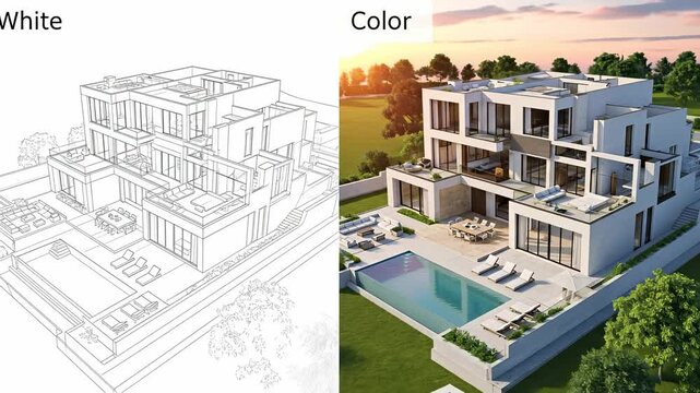 Architectural Visualization of a Modern Luxury Villa: Detailed Floor Plan and Stunning Color Renderings of a Spacious Home with Pool and Outdoor Area