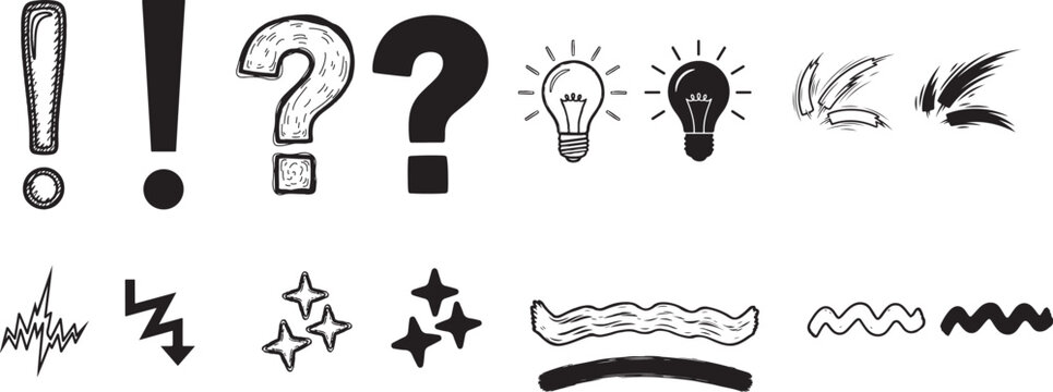 Hand drawn question mark and exclamation point symbols with light bulb and starburst effects