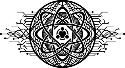 Stunning black and white illustration of a futuristic atom with circuit board elements