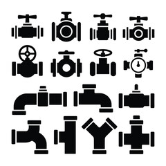 Various black silhouette icons of industrial valves and pipe fittings © FAS