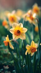 Obraz premium Daffodil blooms glowing in sunlight close up