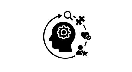 Problem solving concept with gear in head and icons around