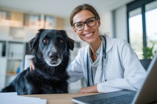 Smiling Female Veterinarian with Her Arm Around a Black Dog at Her Desk