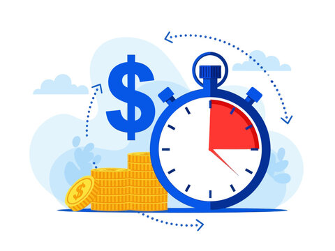 Instant payment flat vector illustration. Quick cash and credit loans services cartoon concept. Invoice payment terms. Time is money. Investment, deposit period isolated metaphor on white background
