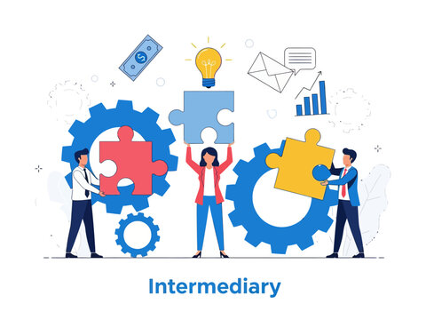 Intermediary flat vector illustration. Social enterprise. Wholesaler, distributor, reseller. E-commerce. Business model. Isolated cartoon character on white background
