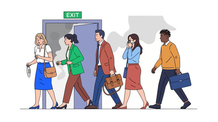 Office workers evacuation from building flat color vector illustration. Building occupants follows escape route. People leaving facility 2D cartoon characters with emergency exit sign on background