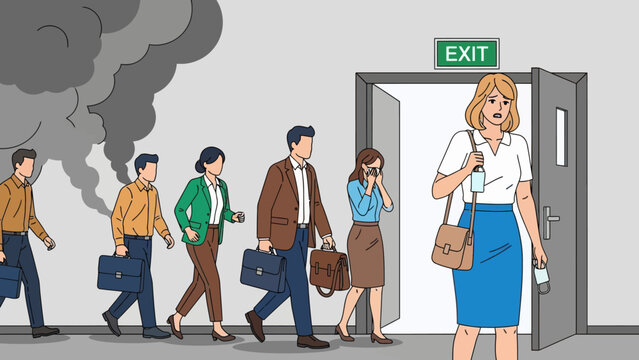 Office workers evacuation from building flat color vector illustration. Building occupants follows escape route. People leaving facility 2D cartoon characters with emergency exit sign on background