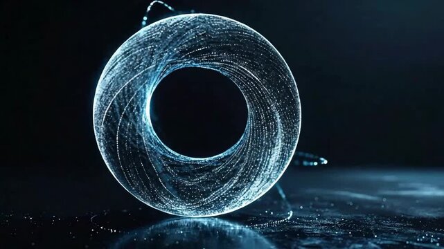 Abstract glowing torus shape with particles floating around in a dark environment.
