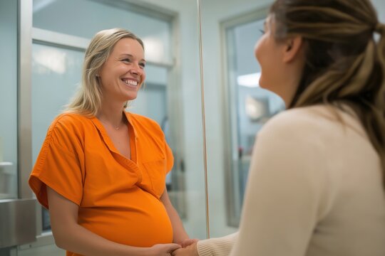 Smiling Pregnant Inmate Having a Hopeful Conversation with a Visitor