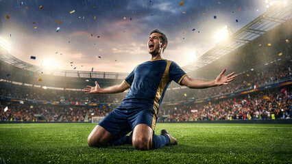 Naklejka premium Soccer Player Celebrating Goal on Knees in Packed Stadium with Confetti and Rain