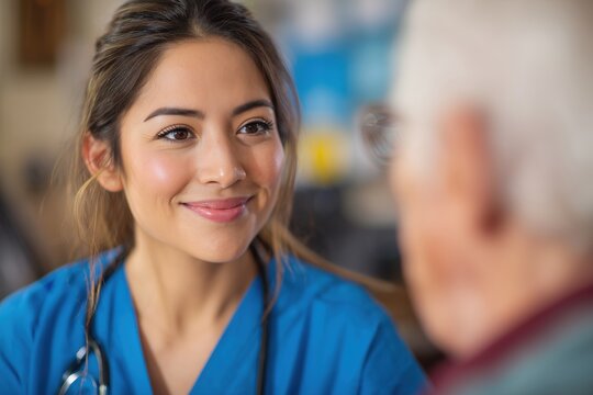 Young Female Caregiver Gently Talking to a Senior Male Patient