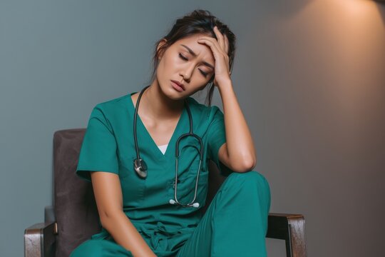 Exhausted Asian Female Doctor Feeling Stressed and Overworked
