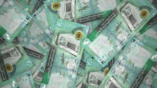 Top View 3D Animation of Scattered Jordanian Dinar Banknotes on Floor, Rotating and Zooming Camera, Realistic Paper Money Cash Motion, Financial Economy Concept, 4K UHD Stock Video