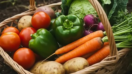 Freshly Harvested Organic Vegetables in a Wicker Basket on Soil.