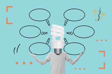 Collage of a man with a light bulb on the head and thinking bubbles on a light blue background