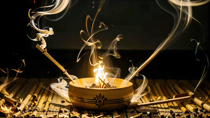 Close-up of burning incense stick smoke trails