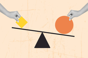 Collage of women hands putting a circle and a square on a balance on a pink background