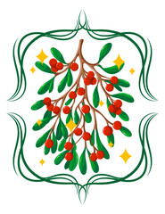 Elegant Christmas vector illustration of mistletoe with red berries, green leaves and decorative frame. 