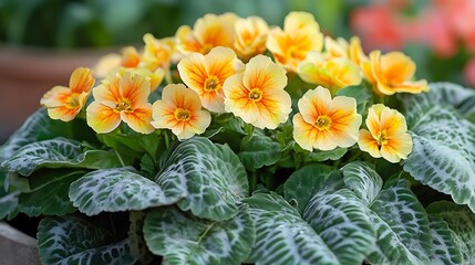 Delicate primrose flowers with striking orange centers gracefully bloom among vibrant green leaves in close view