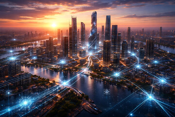 Futuristic Cityscape with Glowing Networks at Sunset
