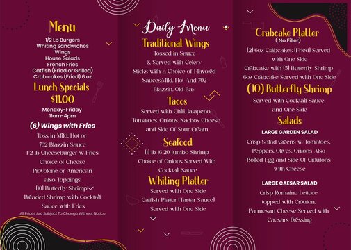 Food Menu Design for a restaurant. Dine in, trifold, 4-fold, double sided menu design
