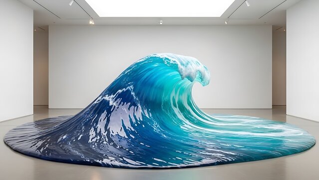 Large blue wave sculpture in a modern art gallery with white walls and a skylight