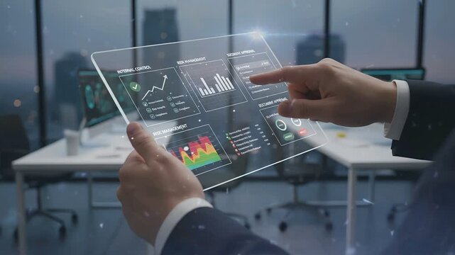 Close-up hands interacting with digital audit dashboard, internal control and risk management concept, electronic document approval process, modern corporate office with clean UI overlay