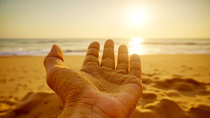 Gritty sand slipping through fingers on beach
