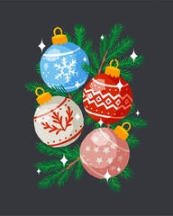 Festive Christmas vector illustration with colorful ornaments hanging on fir branches, sparkling details and cozy winter mood. 
