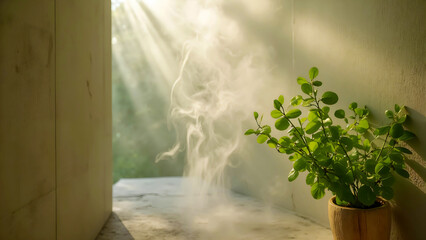 Aromatherapy scene with eucalyptus and steam
