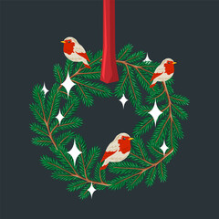 Festive Christmas vector illustration of a fir wreath decorated with robins, sparkles and a red ribbon.