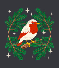 Charming Christmas vector illustration of a robin sitting on a pine wreath, surrounded by winter sparkles.