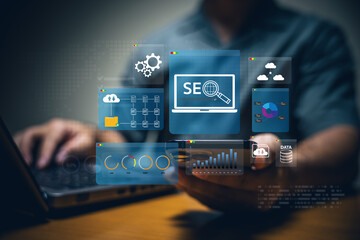 A person interacts with digital SEO analytics displayed on a screen, showcasing data visualization and online strategy elements.