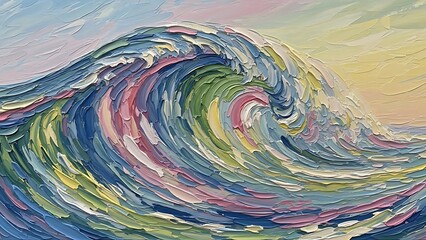 Vibrant ocean wave crashing with multicolored swirls of blue green pink and yellow