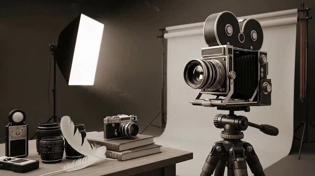 Vintage photography studio setup featuring antique cameras, lenses, and lighting equipment.